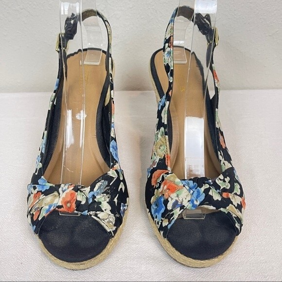 Seychelles Black Floral Cork Wedge Sling-back Sandals 7.5 - Picture 2 of 8